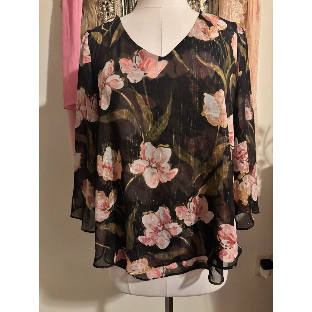JLO Sheer Floral Layered Chiffon Blouse Flutter Sleeve Whimsigoth Fairycore